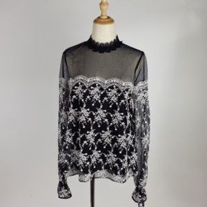 INTERMIX Amira Lace Mesh Black White Long Sleeve Blouse Womens Medium